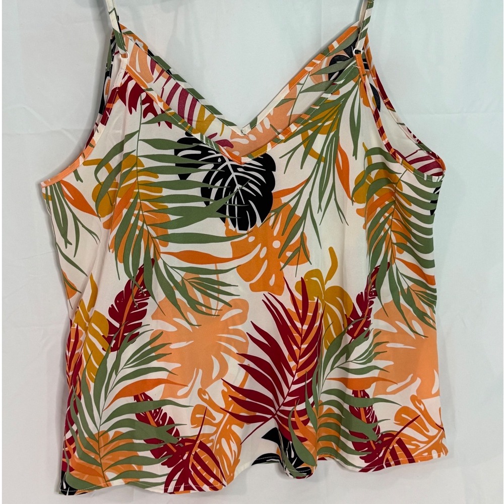 SHEIN Curve Tropical Leaf Print‎ Camisole Top 3XL Orange Green V-Neck Adjustable